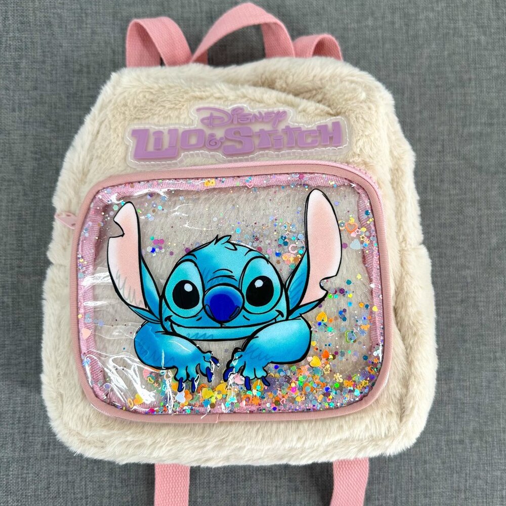 NEW! Disney Lilo & Stitch Plush Backpack Beige Turquoise Sequin Pocket detail